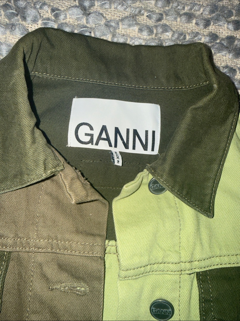 Ganni Two-Tone Olive and Lime Green Jean Jacket - Picture 7 of 11